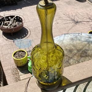 Vtg Mid Century Olive Green Vaseline Glass Swirl Coin Dot Tall Table Lamp-Clean!